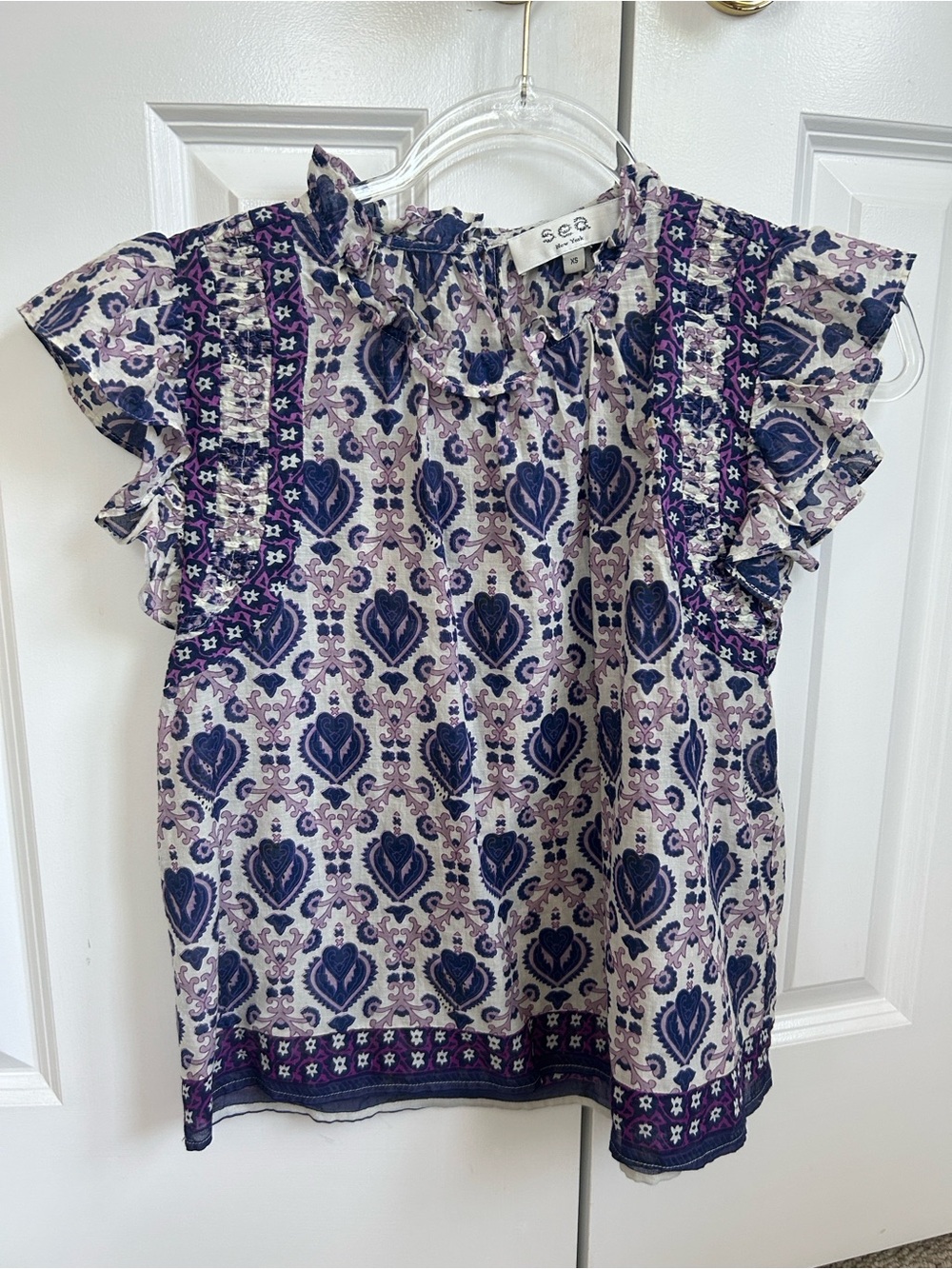 Sea New York Purple and Cream Floral Print Ruffle Sleeve Blouse